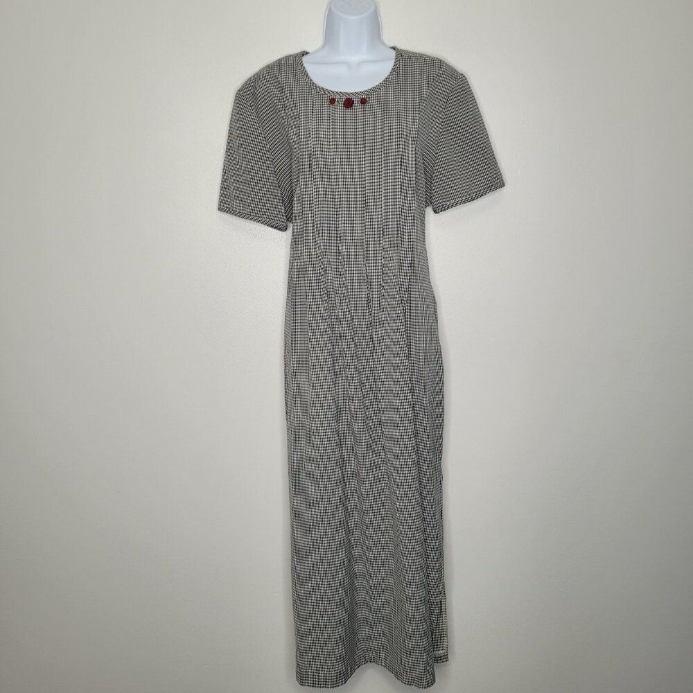 Vintage 80s 90s black cream gingham plaid rose modest classic grunge maxi dress